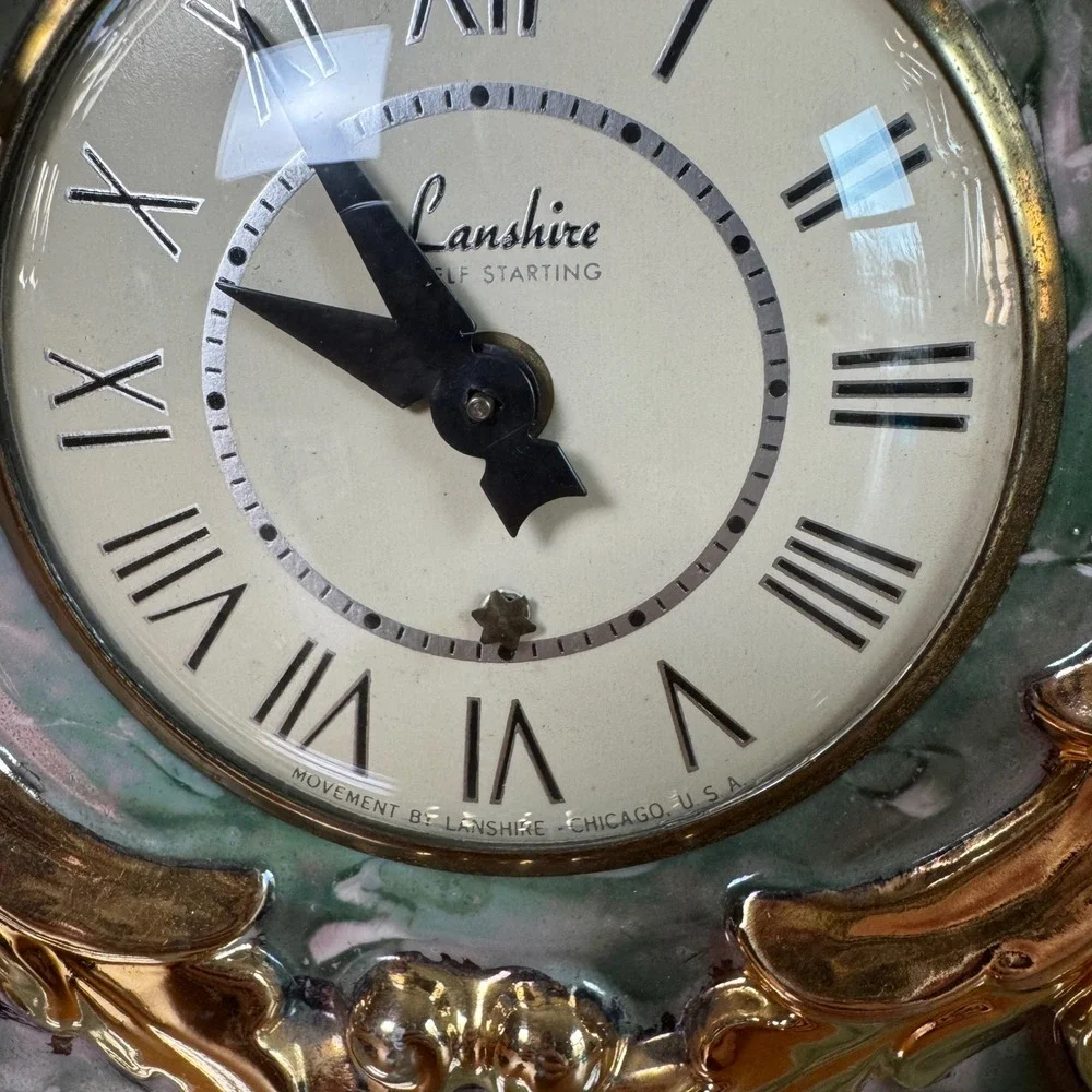 Lanshire Self Starting Mantle Clock Blue Marble‎ Gold Trim Ceramic